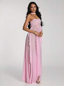 SHEIN BAE Women's Solid Color Ruffled Halter Backless Sleeveless Dress Coverup