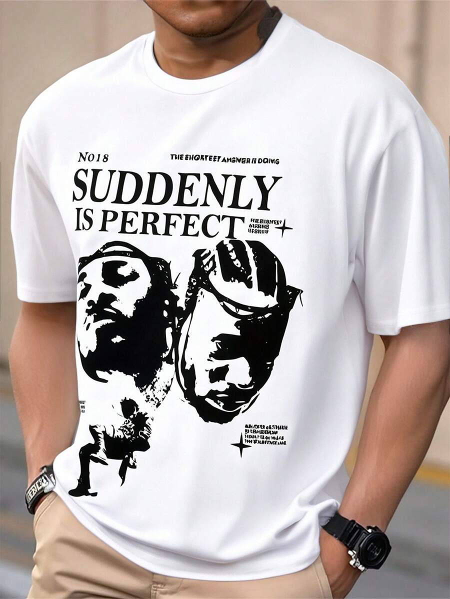 SHEIN Explorewe Casual Loose Fit Boys & Teenagers Short Sleeve T-Shirt With Portrait And Letter Print, Summer Graphic Tee - White - View 1