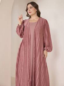 2pcs Plus Size Women Arabic Style Set: Minimalist Jacquard Long Sleeve Loose Cardigan And Solid Crew Neck Sleeveless Loose Casual Dress, Spring/Summer - Dusty Pink - View 3