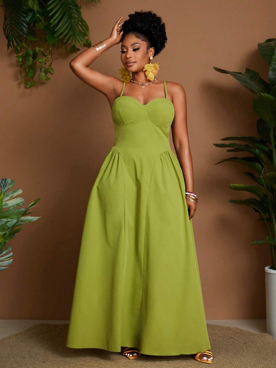 Maweii 大码女式纯色褶饰吊带中长连衣裙，时尚休闲