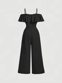 SHEIN ChillGRL Tween Girls Summer Open Shoulder Jumpsuit, Fashion Style - Black - View 2