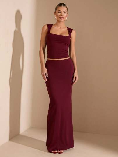 SHEIN BAE Sommar Seaside Semester Solid Bourgogne Semester Fyrkantig Hals Stretch Toppdräkt Kjol Kostym Musikfestival Dräkt Country Music Festival Dräkt Konsert Dräkt Tillbaka till skolan Säsong Dräkt Bröllop Brudtärna Dräkt Bröllop Säsong Kostym