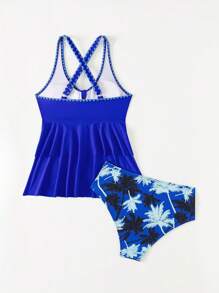 SHEIN Women's Camisole Strap Tankini Shell Frill Decor Fitted Beach Vacation Swimwear, Cake Skirt Split Two Pieces Tankini, Palm Tree Print, Conservative & Versatile