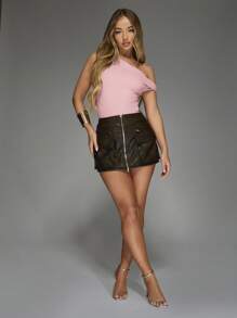 MISSGUIDED Body asimétrico de un hombro sin mangas, de punto acanalado, ajustado, para fiesta, salida nocturna, ocasión especial, moda contemporánea, prenda de declaración, primavera-verano - Rosa Pálido - Ver 6