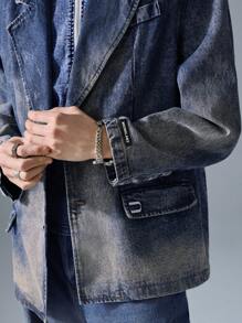 NEON BLANC Men's Street Style Woven Blue Denim Embroidered Long Sleeve Casual Jacket Cotton, For Fall Winter - Blue - View 5