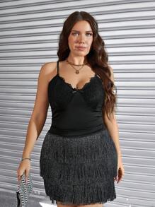 SHEIN LUNE Plus Size Elegant Solid Color Lace Patchwork Ruched Bodysuit,Black Summer Formal Evening Night Out Club Outfits For Women Beach Vacation Rave Festival - Black - View 6