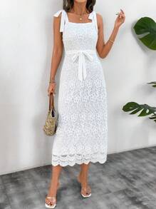 SHEIN Clasi Vestido slip de encaje de unicolor con cordones, elegante - Blanco - Ver 5