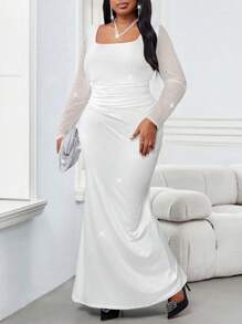 SHEIN Lady Plus Size Elegant Party Sequin Mermaid Dress - White - View 6