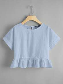 SHEIN EZwear 後鎖孔捲邊袖荷葉邊下擺上衣 - 淺藍色 - 查看 5