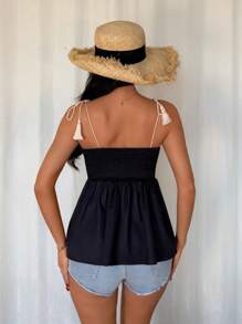 Chiquease 度假休闲流苏绑带复古印花无袖喇叭下摆夏季吊带背心上衣 - 黑色 - 查看 2