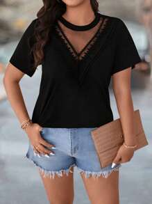 EMERY ROSE Plus Size Crew Neck Mesh Patchwork Ruffle Trim Short Sleeve T-Shirt - Black - View 7