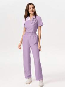 TaskEZ Medical Pajama Uniform Set With Short Sleeve V-Neck Top And Contrasting Pants - Purple Lilac - View 7