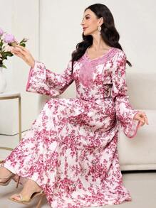 Al Najma 女式花卉撞色蕾丝长袖阿拉伯风格连衣裙，端庄 - 粉色 - 查看 4