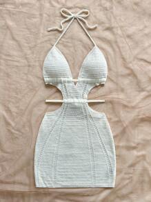 Soleia 全新设计镂空系带露背白色优雅假日迷你吊带裙 - 白色 - 查看 5