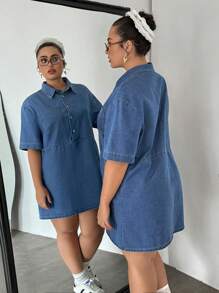 SHEIN EZwear Plus Size Casual Short Sleeve Mini Denim Dress, Blue,Blue,Suitable For Parties, Holidays, Dates, Valentine's Day, Afternoon Tea, Summer / Summer Outfits / Summer Clothes,Year-Round,For Spring/Summer Holiday,Suitable For Summer,Blue Summer,Vacation Outfits Woman,Easter,Spring,Western,Office Outfits For Women,Rave Outfits,Baby Shower Dress,Cottagecore,Country Outfits Women,Old Money Style Women,Going Out Outfits, ,Festival Outfits,Rodeo Outfit,Airport Outfit For Women,Kpop,Tropical Vacation Woman Clothes,Nashville Outfits,European Summer,Concert,Cowgirl Outfit,Graduation Outfit,Beach Outfits For Woman,Vacation Outfits Women,Beach,Boho Women Clothing,Cruise Attire Women,Old Money Style Women,Ibiza Outfits,Boho Chic,Dresses For Women Elegant,Beach Dress,Graduation Dress,Vacation Dress,Easter Dress,Sundress