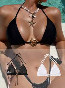 SHEIN Swim Spring Break New Multi-Color Triangle Halter Tie Minimalist Bikini Set For Women