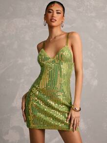 SHEIN BAE Đầm dự tiệc màu xanh lá cây trơn thời trang cho nữ, váy mini hở vai hở vai đính sequin cho kỳ nghỉ lễ hội âm nhạc nghỉ xuân, kỳ nghỉ bãi biển - màu xanh lá - Xem 6