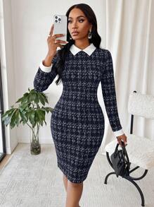 SHEIN Lady Spring And Summer Office Dress Church Dresses Casual Elegant Work Bodycon Dress Shirt Collar Tweed Women Dresses