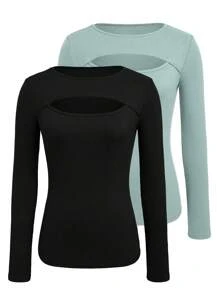 INAWLY Women Casual Solid Color Hollow Out Long Sleeve T-Shirt