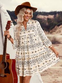 LanaWest Summer Women Bohemian Casual Geometric Print Ruffle V-Neck Short Dress