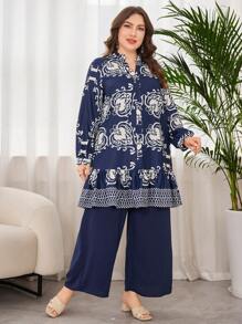 Lacomfia 2 件套大码数码印花时尚复古宽松套装 - 藏蓝色 - 查看 5