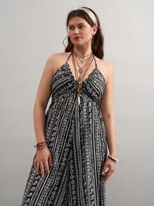 SHEIN VCAY Plus Size Black And White Summer Boho Elegant Vacation Holiday Wide Leg Jumpsuit With Neck Strap,Graphic Western Wear Concert Rave Festival Outfits - Black and White - View 3