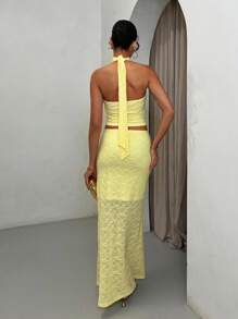SHEIN BAE Summer Beach Vacation Solid Light Yellow Bow Halter Neck Suit Vest Suit Skirt Suit, Suitable For Daily Dating, Night Out, Nightclubs, Parties, Get-Togethers, Cocktail Parties, Pool Parties, Back-To-School Season Clothes, Back-To-School Season Dresses, Holiday Dresses, Music Festival Clothes, Country Music Festival Clothes, Concert Clothes - Mustard Yellow - View 2