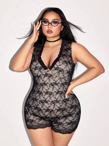 SHEIN ICON Plus Size V-Neck Lace Jumpsuit, Minimalist Fashion Casual Everyday Romper - Black - View 5