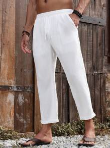 Manfinity RSRT Men's Casual Versatile Solid Color Drawstring Waist Pants Linen Pants For Men White Linen Pants Men Men Linen Bottoms, Fall - White - View 5