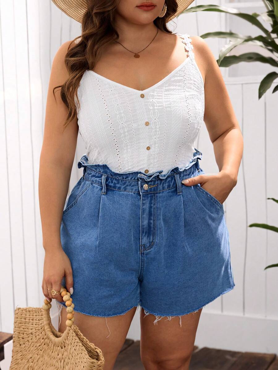 EMERY ROSE Plus Size High Waist Casual Denim Shorts - Light Wash - View 1