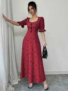 Modelyn Women Casual Solid Color Daily Dress, Simple & Fashion - Red - View 4