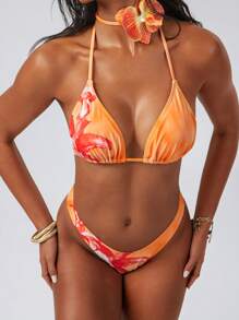 Swim EVENT Spring Break Summer Vacation Floral Print Halter Neck Tie-Up 3-Piece Bathing Suit With High Cut Bottoms Bikini Set - Multicolor - View 1