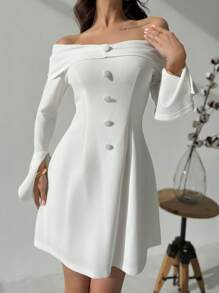 SHEIN Privé New White Off Shoulder Elegant A-Line Peplum Dress With Long Sleeves For Women - White - View 4