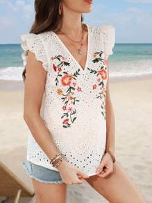 SHEIN Blusa casual de cuello en V con bordado de ojal para embarazadas, ideal para vacaciones y playa