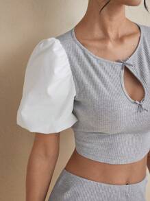 Stephany M Designer Grey Rib White Puff Short Sleeves Cut Out Bow Boat Neck Crop Top - Multicolor - View 5