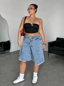 Dripcurv Plus Size Casual Light Blue Washed Asymmetrical Cargo Denim Shorts,Summer Spring Beach Brunch For Women,Spring Break Concert Rave Festival Country - Blue - View 3