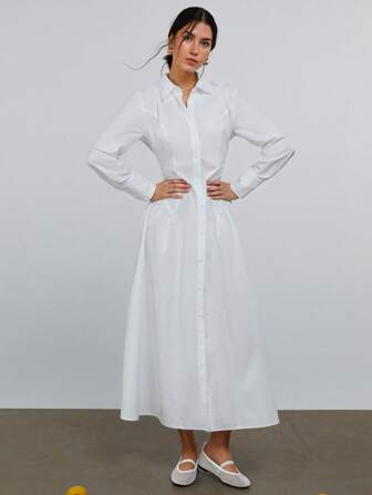 Athîral Women's Solid Single-Breasted Long Sleeve Casual Shirt Dress