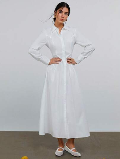 Athîral Women's Solid Single-Breasted Long Sleeve Casual Shirt Dress