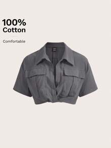 SHEIN EZwear 女士純色短款編織襯衫 - 灰色 - 查看 4