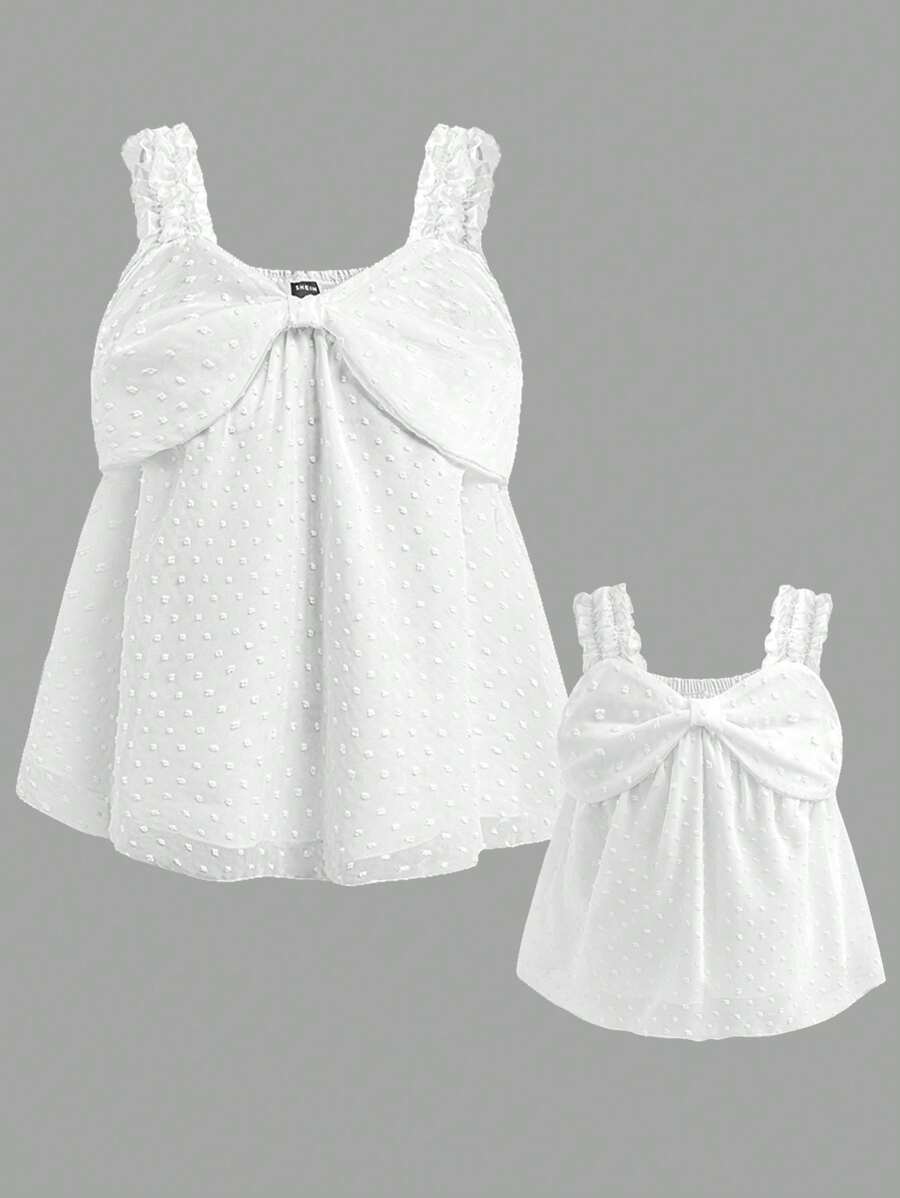 幼儿和小女孩白色吊带衬衫，带蝴蝶结刺绣、镂空花卉、露肩、A 字型、可爱公主风格、姐妹/母女时尚、春季新品 - 白色 - 查看 1
