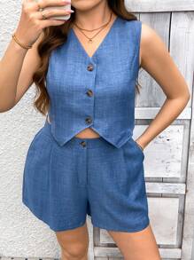 SHEIN LUNE LUNE Setelan 2 Potong Rompi dan Celana Pendek Motif Houndstooth Biru Ukuran Plus untuk Wanita, Gaya Kasual Elegan Sehari-hari, Cocok untuk Liburan Musim Semi dan Festival Rave. - MultiWarna - View 5