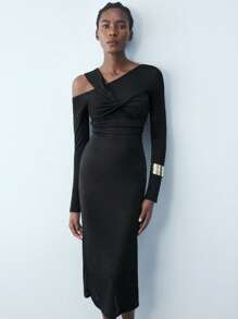 Maija Vestido entallado de Body con cuello asimétrico, mangas largas y tirantes retorcidos para mujer, vestido midi elegante y versátil para fiestas urbanas, propio para celebraciones de principios de primavera