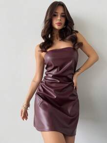 Firerie 情人节新品春夏简约优雅机车风时尚复古现代锚勃艮第红色褶皱修身无袖紧身 A 字迷你裙