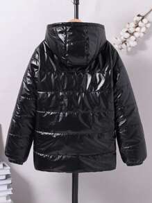 Teen Boys Black Shiny Hooded  Coat, Versatile Daily Wear - Black - View 2