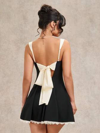 SHEIN BAE Summer Beach Vacation Black And White Back Bow Lace Mini Dress, Suitable For Daily Dating, Night Out, Nightclubs, Parties, Get-Togethers, Cocktail Parties, Pool Parties, Back-To-School Season Clothes, School Season Dresses, Holiday Dresses, Music Festival Clothes, Country Music Festival Clothes, Concert Clothes,Backless Dress,Valentine's Day,Valentine Outfits For Women