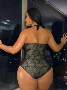 SHEIN Swim Curve Costume da bagno elegante e casual da donna, taglie forti, con arricciature e incrocio sulla parte anteriore, in pizzo