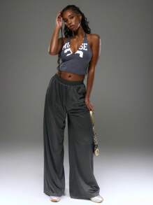 MUSERA Muse' Slogan Halter Neck Low Plunge Side Zip Sports Varsity Style Top Ibiza Fall