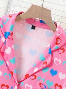 SHEIN Women's Casual Classic Lapel Pink Heart Print Top And Pants Pajama Set