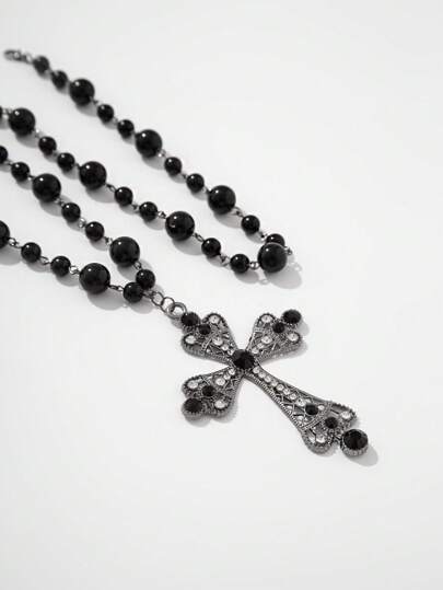 Grunge Punk 2pcs Cross Pendant & Beaded Necklace Set
