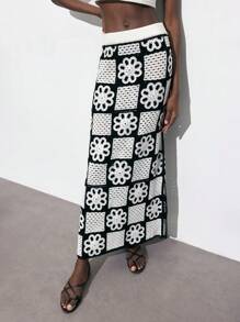 Maija Women's Floral Plaid Crochet Long Skirt, Beach Vacation Style Suitable For St. Patrick's Day, Spring Break, Easter, Music Festivals,Vacation Outfits